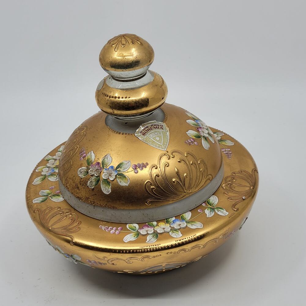 Vintage Bohemian Czech Art Glass Covered Lidded Bowl Gold Raised Enamel Floral